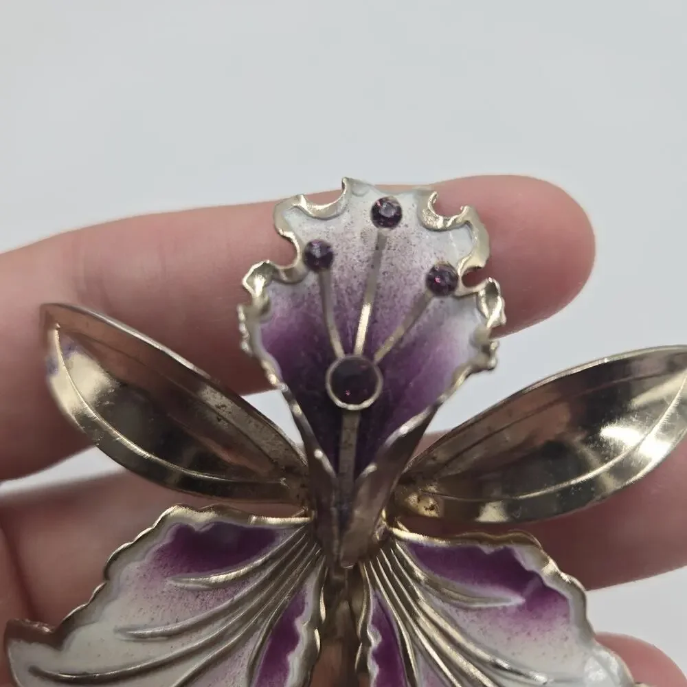 Vintage Silver Tone Purple Enameled Rhinestone Orchid Retro Brooch Boutonniere